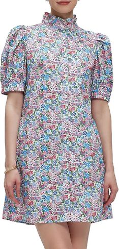Ladyful Women's Summer Floral Dress Short Sleeve Button Down Shirt Mini Dress Ruffle Mock Neck Shift Sundress in Saudi Arabia