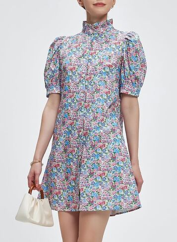 Ladyful Women's Summer Floral Dress Short Sleeve Button Down Shirt Mini Dress Ruffle Mock Neck Shift Sundress in Saudi Arabia