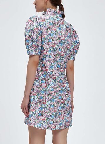 Ladyful Women's Summer Floral Dress Short Sleeve Button Down Shirt Mini Dress Ruffle Mock Neck Shift Sundress in Saudi Arabia