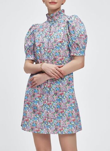 Ladyful Women's Summer Floral Dress Short Sleeve Button Down Shirt Mini Dress Ruffle Mock Neck Shift Sundress in Saudi Arabia
