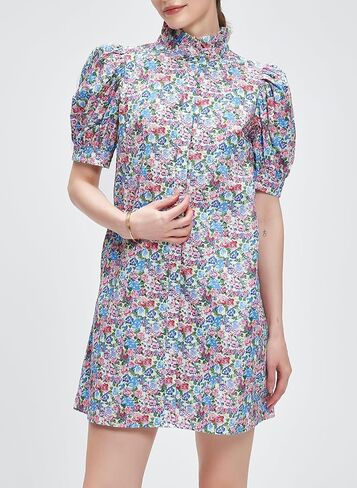 Ladyful Women's Summer Floral Dress Short Sleeve Button Down Shirt Mini Dress Ruffle Mock Neck Shift Sundress in Saudi Arabia