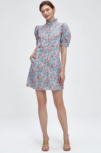 Ladyful Women's Summer Floral Dress Short Sleeve Button Down Shirt Mini Dress Ruffle Mock Neck Shift Sundress in Saudi Arabia