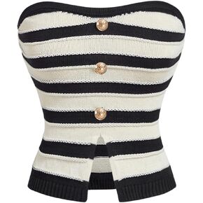 MakeMeChic Women's Striped Tube Top Strapless Button Split Hem Sweater Bandeau Crop Tops in Kuwait