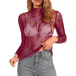 siliteelon Lace Tops for Women Mesh Long Sleeve Top Sheer Lace Shirt Floral Mock Neck Party Club Lace Undershirt in Saudi Arabia