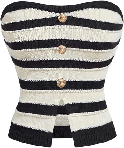 MakeMeChic Women's Striped Tube Top Strapless Button Split Hem Sweater Bandeau Crop Tops in Kuwait