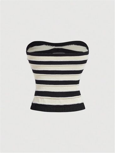 MakeMeChic Women's Striped Tube Top Strapless Button Split Hem Sweater Bandeau Crop Tops in Kuwait