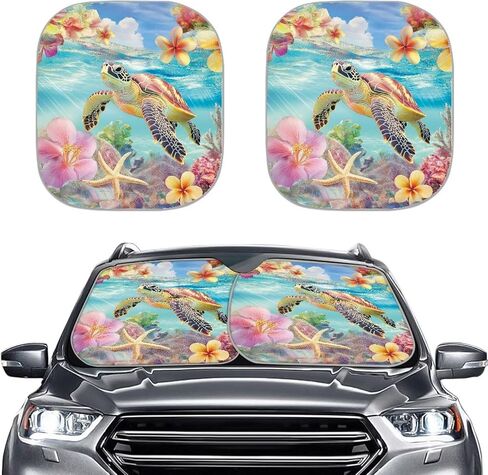Bulopur Sea Turtle Car Front Windshield Sun Shade Visor Easy Fold Tropical Hibiscus Floral Car Window Sunshades 2-Piece Windshield Sun Blocker Shade Universal for Most Vehicle Sedans SUV Truck in Saudi Arabia