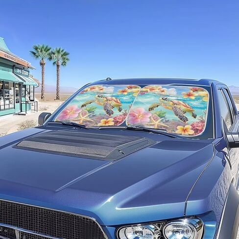 Bulopur Sea Turtle Car Front Windshield Sun Shade Visor Easy Fold Tropical Hibiscus Floral Car Window Sunshades 2-Piece Windshield Sun Blocker Shade Universal for Most Vehicle Sedans SUV Truck in Saudi Arabia