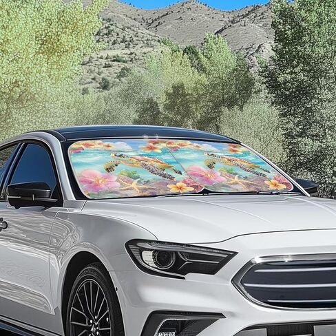 Bulopur Sea Turtle Car Front Windshield Sun Shade Visor Easy Fold Tropical Hibiscus Floral Car Window Sunshades 2-Piece Windshield Sun Blocker Shade Universal for Most Vehicle Sedans SUV Truck in Saudi Arabia
