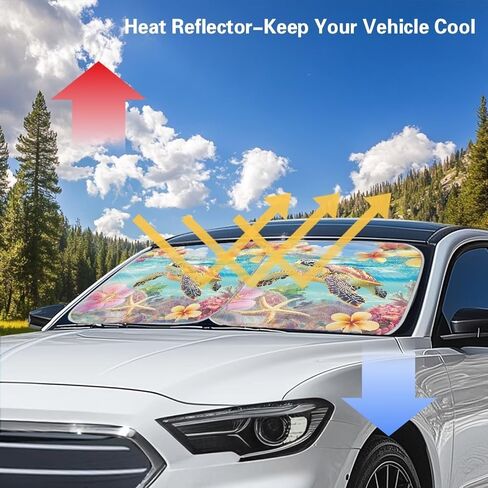 Bulopur Sea Turtle Car Front Windshield Sun Shade Visor Easy Fold Tropical Hibiscus Floral Car Window Sunshades 2-Piece Windshield Sun Blocker Shade Universal for Most Vehicle Sedans SUV Truck in Saudi Arabia