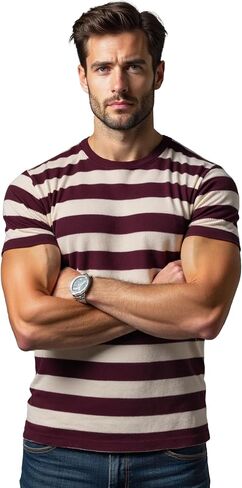 رجال مخطط تي شيرت قصير الأكمام طاقم الطيران المجهز Tshirt اليومية Tee in Kuwait