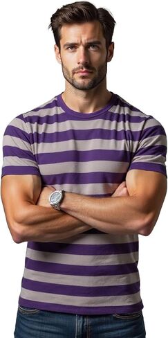 رجال مخطط تي شيرت قصير الأكمام طاقم الطيران المجهز Tshirt اليومية Tee in Kuwait