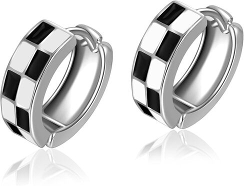 Chic Checker Small Hoop Cartilage Earrings for women；White Black Enamel Hypoallergenic Hooped Gifts Gold tone in Kuwait