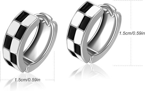 Chic Checker Small Hoop Cartilage Earrings for women；White Black Enamel Hypoallergenic Hooped Gifts Gold tone in Kuwait