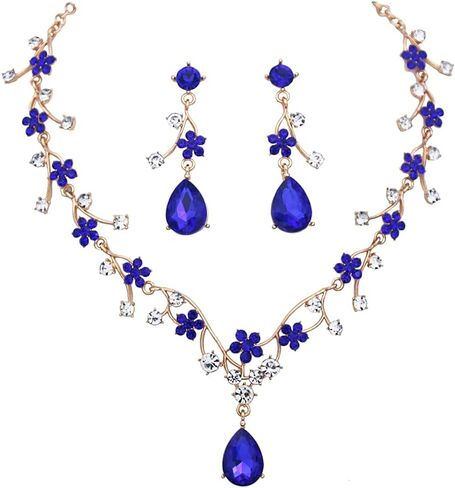 Jewelry Sets for Women Wedding Flower Necklace and Dangle Earrings Gold-Plated Rhinestones Teardrop Pendants Necklace Set for Bridal Party Accessories in Saudi Arabia