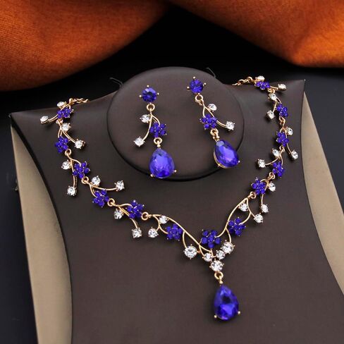 Jewelry Sets for Women Wedding Flower Necklace and Dangle Earrings Gold-Plated Rhinestones Teardrop Pendants Necklace Set for Bridal Party Accessories in Saudi Arabia