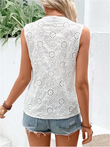 SweatyRocks Women's Boho Lace Blouses Eyelet Embroidery Summer Vacation Sleeveless V Neck Tops in Saudi Arabia