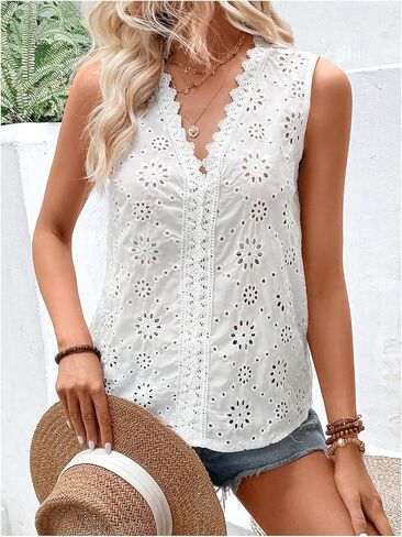 SweatyRocks Women's Boho Lace Blouses Eyelet Embroidery Summer Vacation Sleeveless V Neck Tops in Saudi Arabia