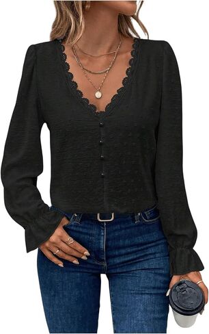 Wdirara Women's Swiss Dots Lace Trim Blouse v Neck Long Sleeve Top in Kuwait