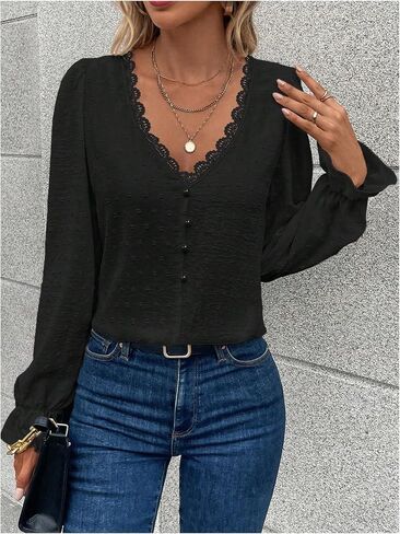 Wdirara Women's Swiss Dots Lace Trim Blouse v Neck Long Sleeve Top in Kuwait