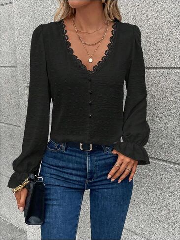 Wdirara Women's Swiss Dots Lace Trim Blouse v Neck Long Sleeve Top in Kuwait