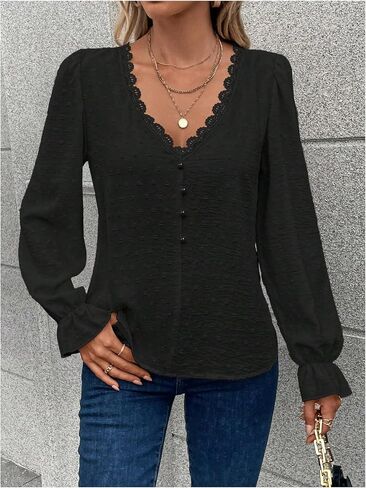 Wdirara Women's Swiss Dots Lace Trim Blouse v Neck Long Sleeve Top in Kuwait