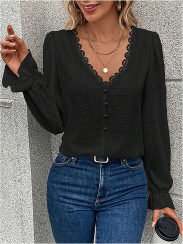 Wdirara Women's Swiss Dots Lace Trim Blouse v Neck Long Sleeve Top in Kuwait
