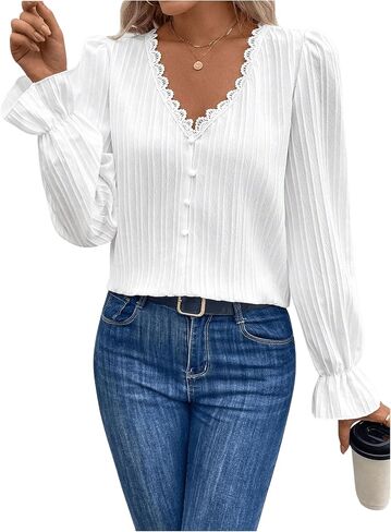 Wdirara Women's Swiss Dots Lace Trim Blouse v Neck Long Sleeve Top in Kuwait