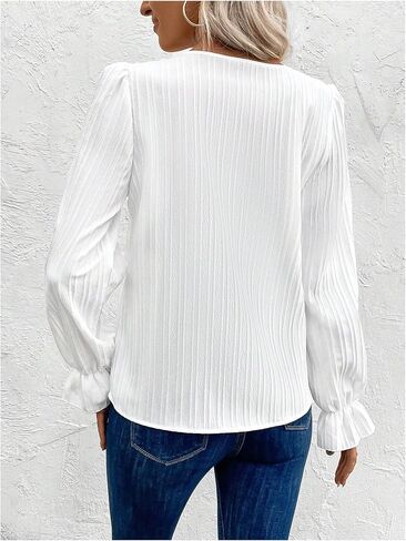 Wdirara Women's Swiss Dots Lace Trim Blouse v Neck Long Sleeve Top in Kuwait
