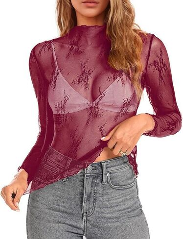 siliteelon Lace Tops for Women Mesh Long Sleeve Top Sheer Lace Shirt Floral Mock Neck Party Club Lace Undershirt in Kuwait