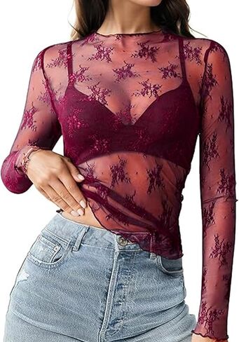 siliteelon Lace Tops for Women Mesh Long Sleeve Top Sheer Lace Shirt Floral Mock Neck Party Club Lace Undershirt in Kuwait