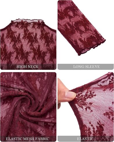 siliteelon Lace Tops for Women Mesh Long Sleeve Top Sheer Lace Shirt Floral Mock Neck Party Club Lace Undershirt in Kuwait