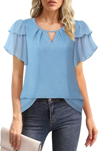 Youtalia Womens Blouses Dressy Casual Summer Tops Chiffon Puff Ruffle Short Sleeve V Neck Work Shirts in Saudi Arabia