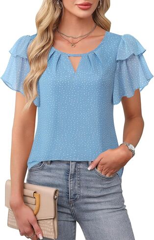 Youtalia Womens Blouses Dressy Casual Summer Tops Chiffon Puff Ruffle Short Sleeve V Neck Work Shirts in Saudi Arabia