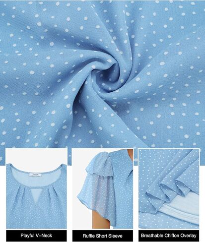 Youtalia Womens Blouses Dressy Casual Summer Tops Chiffon Puff Ruffle Short Sleeve V Neck Work Shirts in Saudi Arabia