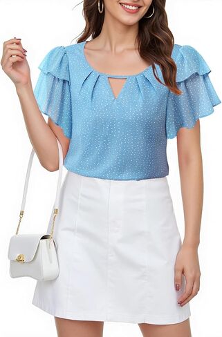 Youtalia Womens Blouses Dressy Casual Summer Tops Chiffon Puff Ruffle Short Sleeve V Neck Work Shirts in Saudi Arabia