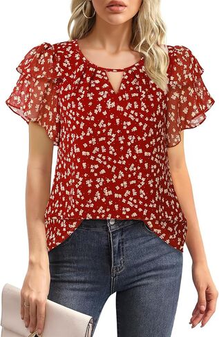 Youtalia Womens Blouses Dressy Casual Summer Tops Chiffon Puff Ruffle Short Sleeve V Neck Work Shirts in Saudi Arabia