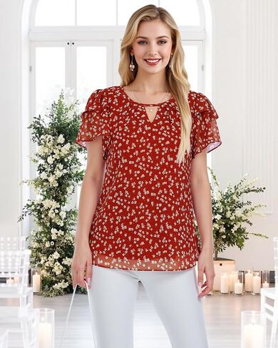 Youtalia Womens Blouses Dressy Casual Summer Tops Chiffon Puff Ruffle Short Sleeve V Neck Work Shirts in Saudi Arabia