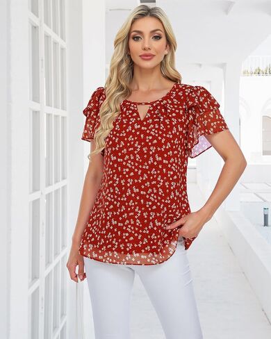 Youtalia Womens Blouses Dressy Casual Summer Tops Chiffon Puff Ruffle Short Sleeve V Neck Work Shirts in Saudi Arabia