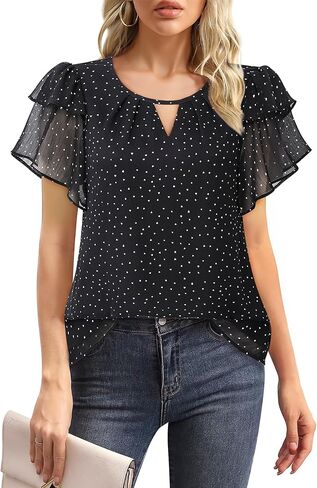 Youtalia Womens Blouses Dressy Casual Summer Tops Chiffon Puff Ruffle Short Sleeve V Neck Work Shirts in Kuwait