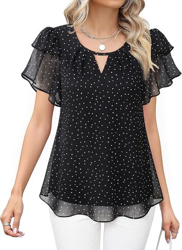 Youtalia Womens Blouses Dressy Casual Summer Tops Chiffon Puff Ruffle Short Sleeve V Neck Work Shirts in Kuwait
