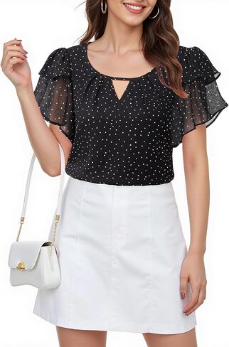 Youtalia Womens Blouses Dressy Casual Summer Tops Chiffon Puff Ruffle Short Sleeve V Neck Work Shirts in Kuwait