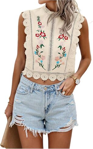 Floerns Women's Floral Embroidery Lace Trim Blouse Mock Neck Sleeveless Holiday Crop Tops in Saudi Arabia