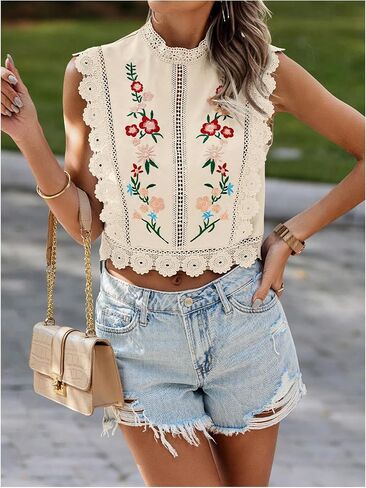 Floerns Women's Floral Embroidery Lace Trim Blouse Mock Neck Sleeveless Holiday Crop Tops in Saudi Arabia