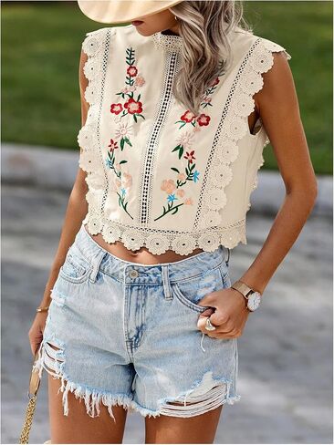 Floerns Women's Floral Embroidery Lace Trim Blouse Mock Neck Sleeveless Holiday Crop Tops in Saudi Arabia