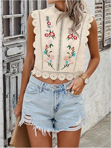 Floerns Women's Floral Embroidery Lace Trim Blouse Mock Neck Sleeveless Holiday Crop Tops in Saudi Arabia