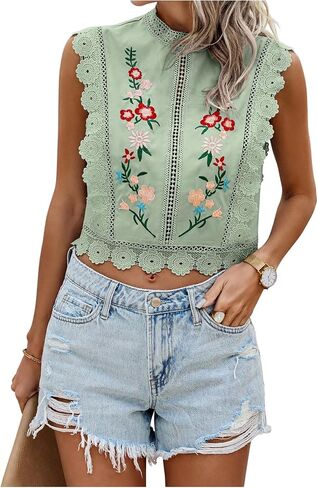 Floerns Women's Floral Embroidery Lace Trim Blouse Mock Neck Sleeveless Holiday Crop Tops in Saudi Arabia