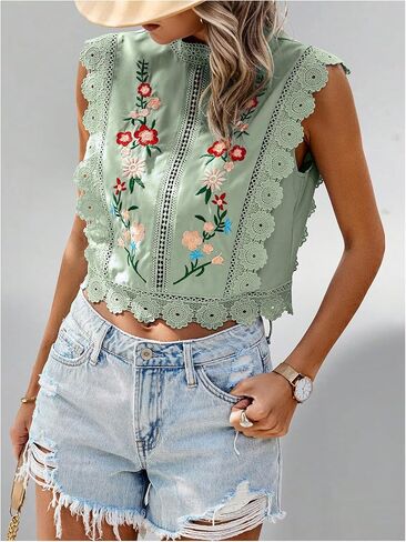 Floerns Women's Floral Embroidery Lace Trim Blouse Mock Neck Sleeveless Holiday Crop Tops in Saudi Arabia