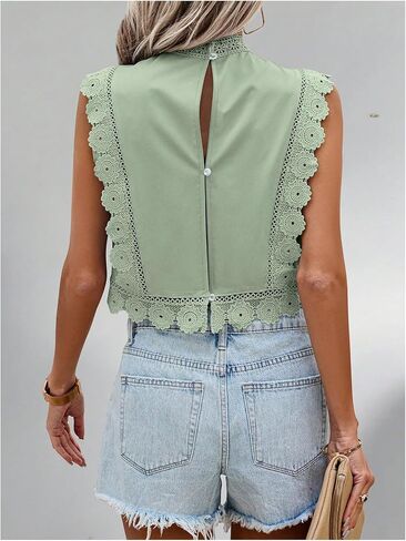 Floerns Women's Floral Embroidery Lace Trim Blouse Mock Neck Sleeveless Holiday Crop Tops in Saudi Arabia