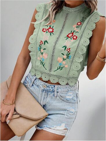 Floerns Women's Floral Embroidery Lace Trim Blouse Mock Neck Sleeveless Holiday Crop Tops in Saudi Arabia